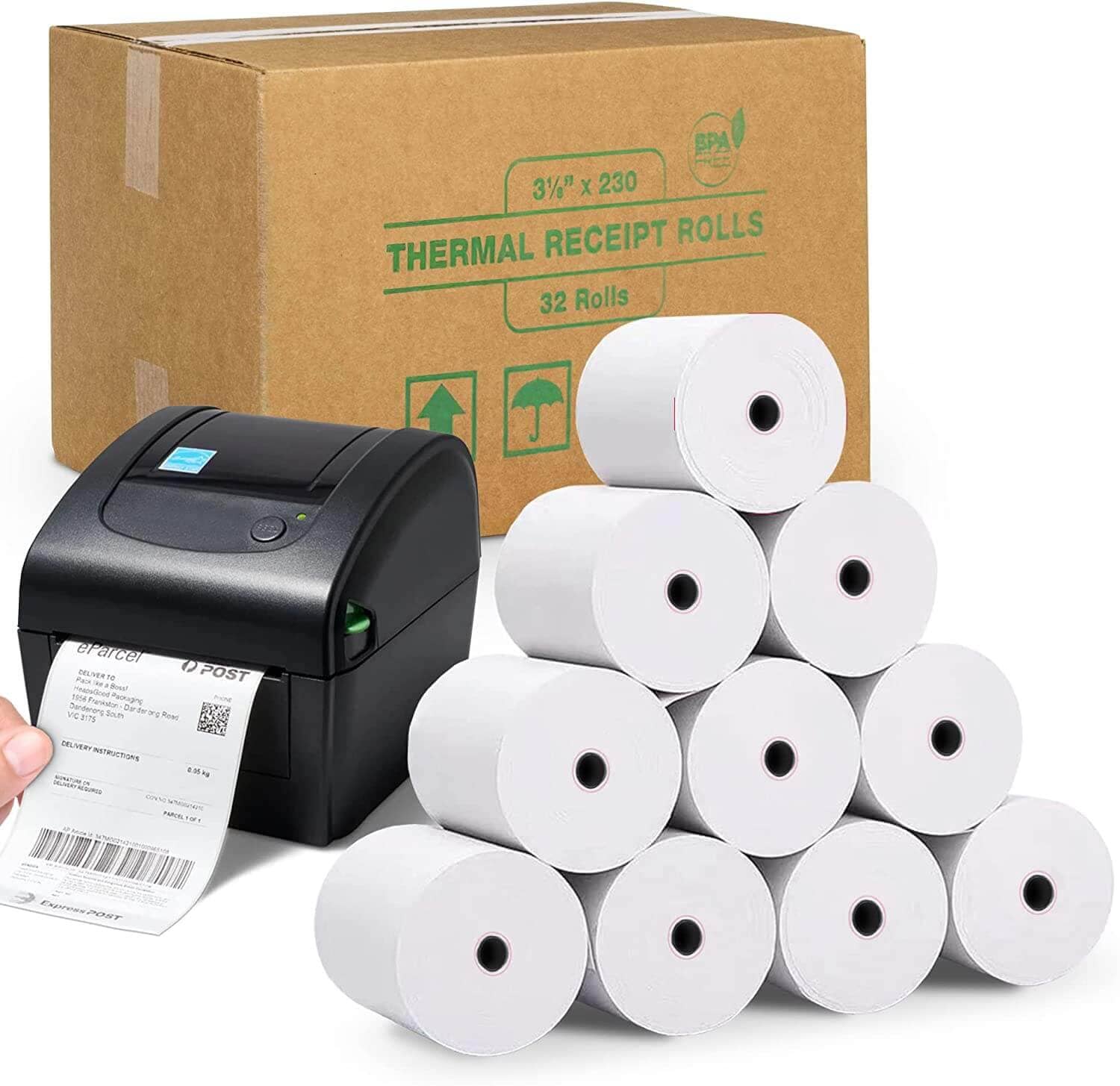 FHS 3 1/8” X 230’ Thermal Paper for Receipts - 32 Rolls of Receipt Paper Compatible with Wide Range of POS Systems for Small Business – Use as Receipt Paper, Cash Registers Printer, ATM Machine - fhs-paperrolls